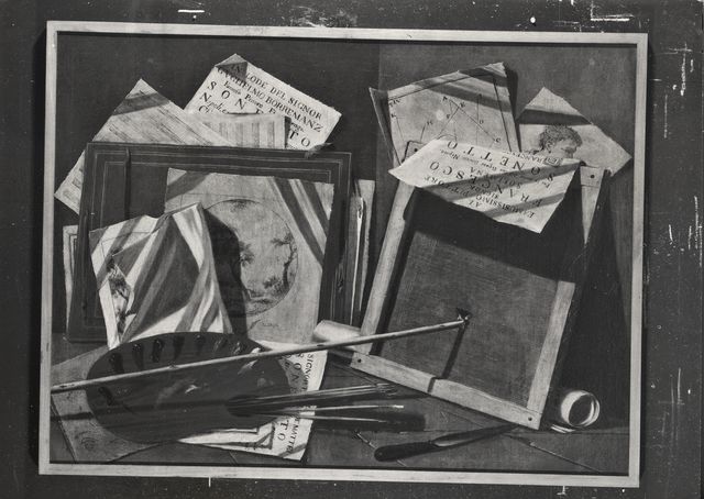 Giacomelli — Desio Luigi - sec. XVIII - Trompe-l'oeil con dipinti, stampe e strumenti per gli artisti — insieme